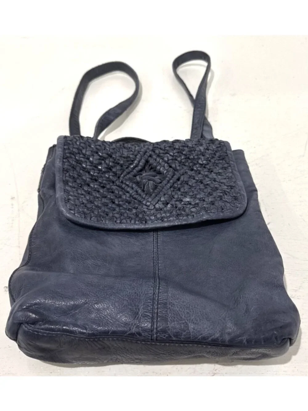 Frye and Co Blue Esme Leather Backpack Purse Braided Leather Flap Adjustable